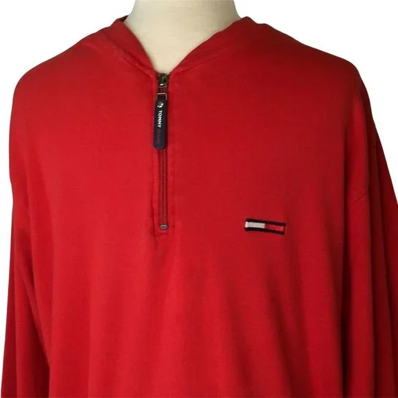 Tommy Hilfiger Jeans Mens Pullover Extra Large 1/4 Zip Red Cotton Long Sleeve - Picture 6 of 8
